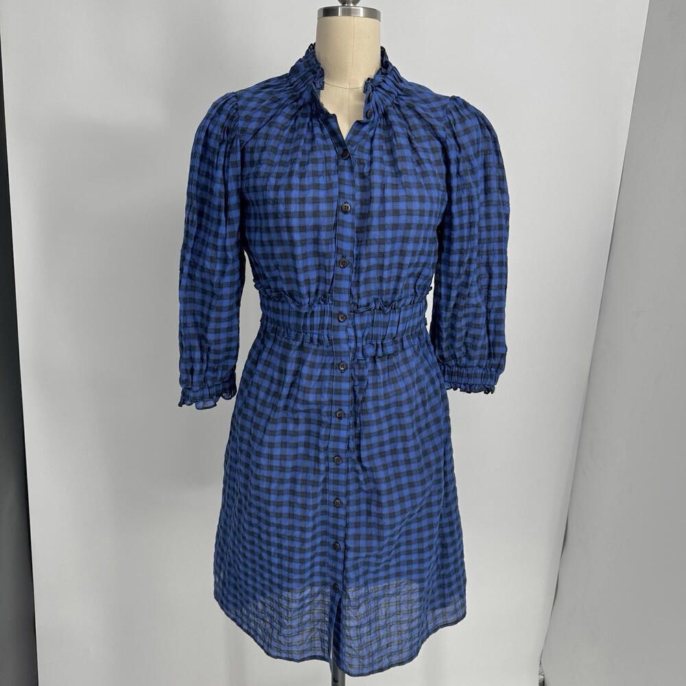 NWT Never A Wallflower Blue Plaid Button Front Cotton Dress Gingham Xs No Slip